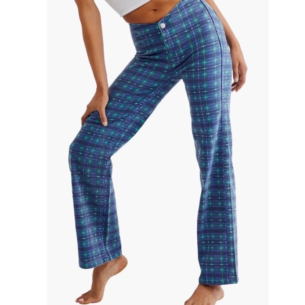 Free People Isla Print Straight Leg Jeans Retro Plaid Blue Green Size 29 Stretch